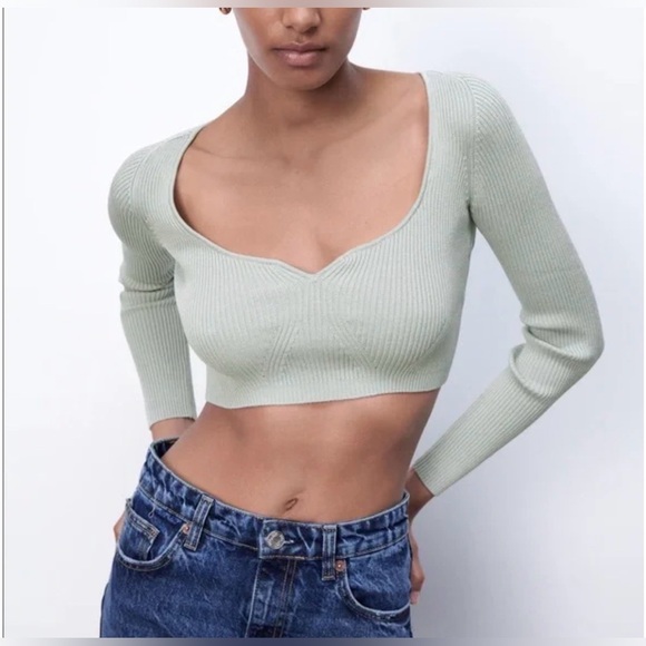 Zara Tops - Zara Ribbed Light Blue/Grey Long-Sleeve Crop Top Small